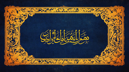 Discover an exquisite piece of Arabic calligraphy featuring intricate designs on a deep blue background, blending cultural heritage and artistic expression beautifully.の素材