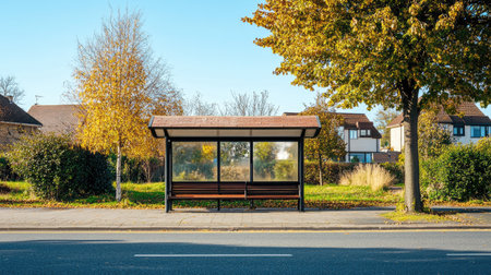A serene autumn bus stop scene featuring clear weather, vibrant leaves, and a peaceful landscape, perfect for showcasing transportation and urban life.の素材