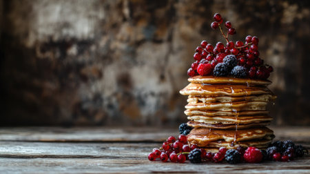 A delectable stack of pancakes drizzled with syrup, topped with an assortment of fresh red and black berries, perfect for breakfast or brunch occasions.の素材