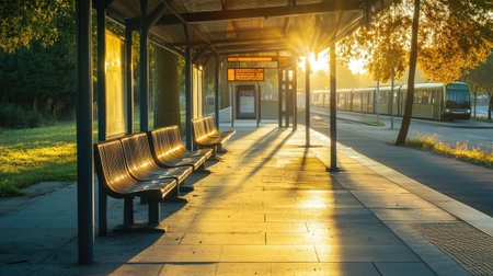 A tranquil bus stop scene illuminated by the soft light of sunrise, featuring empty benches casting long shadows, creating a serene atmosphere for commuters.の素材