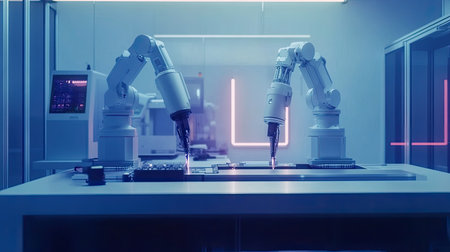 Explore advanced robotics in a cutting-edge laboratory, featuring robotic arms engaged in precise tasks, showcasing innovation and futuristic technology.の素材