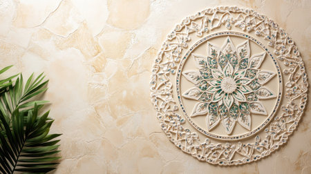 A beautifully crafted mandala art piece featuring intricate designs in soft green and cream tones, perfect for enhancing any interior space with elegance and tranquility.の素材