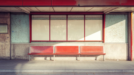 A striking urban scene featuring a red bench against a textured wall and bright window, capturing a moment of stillness and simplicity in the city.の素材