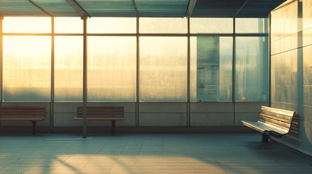 A tranquil waiting area bathed in soft sunlight, featuring empty benches and large glass panels. The serene atmosphere invites contemplation and peace.の素材