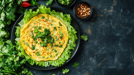 A vibrant fresh omelette served on a bed of lettuce, garnished with herbs and accompanied by a flavorful sauce, perfect for any meal.の素材