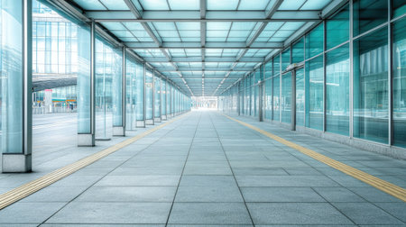 This image showcases a modern architectural pathway, characterized by a glass facade and minimalist design. The bright and spacious corridor invites exploration.の素材