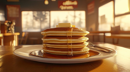 This captivating image features a beautifully stacked pancake dish topped with melting butter and dripping maple syrup, perfect for breakfast lovers.の素材