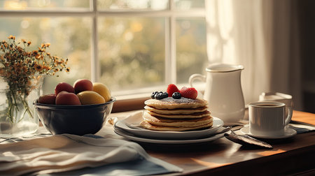 A cozy breakfast scene featuring stack of pancakes topped with berries, alongside a bowl of fresh fruits and a cup of coffee, ideal for a warm morning.の素材