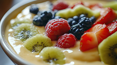A vibrant bowl featuring an array of fresh fruits like raspberries, strawberries, and kiwi, nestled in creamy goodness. Perfect for a healthy snack or breakfast.の素材