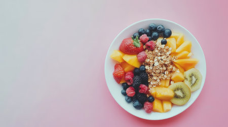 A vibrant bowl filled with fresh fruit and granola set against a pink background. Perfect for a nutritious breakfast or healthy snack option.の素材