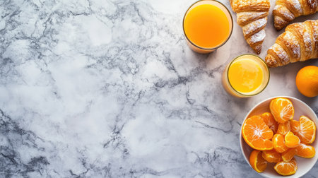 A vibrant breakfast scene featuring fresh juices, tangerines, croissants, and a marble surface, perfect for highlighting delicious morning meals.の素材