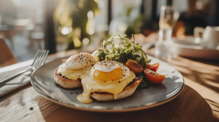 A beautifully presented breakfast plate featuring poached eggs over toasted bread with a fresh salad, perfect for brunch lovers and food enthusiasts.の素材