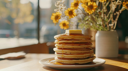 Enjoy a delicious stack of fluffy pancakes topped with melting butter and syrup, set against a cozy cafの素材