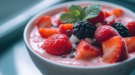 A vibrant bowl of fresh berries topped with creamy yogurt and a mint garnish, ideal for a healthy snack or dessert on a sunny day. Enjoy the delightful flavors!の素材
