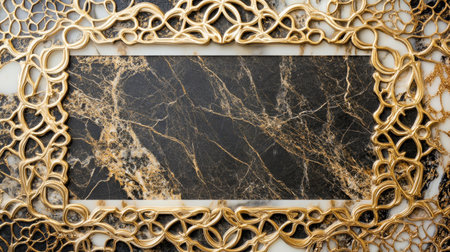 This image showcases a luxurious black marble surface framed by an elegant gold decorative design, highlighting intricate details and rich textures.の素材