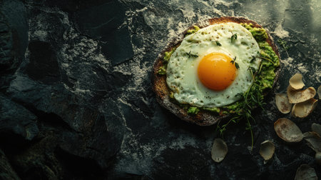 A vibrant avocado toast topped with a perfectly fried egg. This image showcases a delicious and healthy breakfast option on a rustic dark background, perfect for food content.の素材