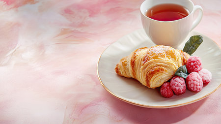 A delightful arrangement featuring a croissant, fresh berries, and a cup of tea on a soft pink background, perfect for breakfast or tea time.の素材