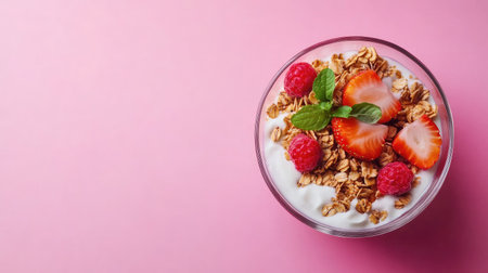 A vibrant yogurt bowl topped with fresh strawberries, raspberries, and crunchy granola, perfect for a healthy breakfast or snack, bursting with flavor.の素材