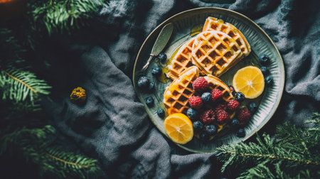 A beautiful plate of fresh waffles garnished with mixed berries and citrus slices, perfect for breakfast or a delightful brunch setting.の素材