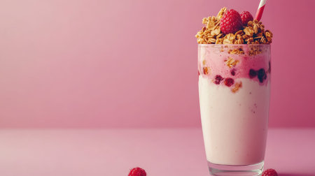 Enjoy a vibrant and refreshing raspberry granola smoothie, perfect for any time of the day. This colorful beverage is a healthy treat bursting with flavor.の素材