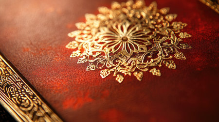 Capture the elegance of an ornate book cover featuring a rich red leather texture and an intricate gold floral design, perfect for luxury themes.の素材