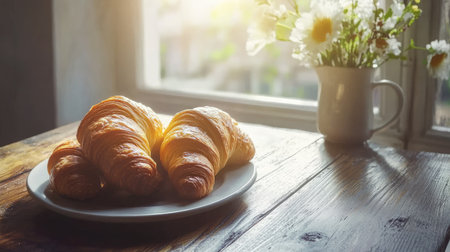A serene scene featuring freshly baked croissants on a wooden table, illuminated by soft sunlight, complemented by beautiful flowers in a vase.の素材