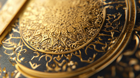 Stunning close-up of an elegant gold embossed design, showcasing intricate details and rich textures on a dark background that radiates luxury and creativity.の素材