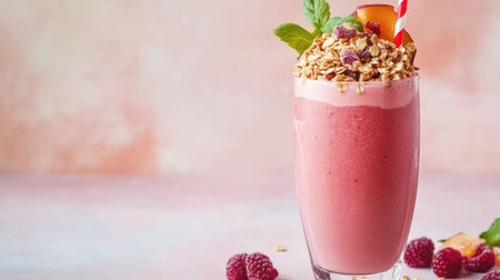 Enjoy a vibrant and refreshing berry smoothie topped with granola and mint. Perfect for breakfast or a healthy snack on a warm day.の素材