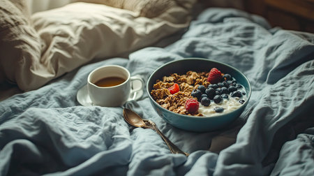 A cozy breakfast scene featuring a bowl of granola topped with fresh berries and a cup of coffee, nestled comfortably on soft bed linen. Perfect for morning relaxation.の素材