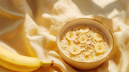 A vibrant bowl of oatmeal topped with fresh banana slices, set on a soft fabric background. This image embodies a wholesome and healthy breakfast experience.の素材
