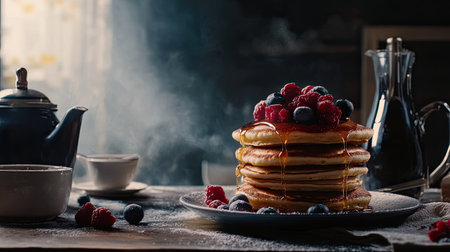 A beautifully arranged stack of pancakes topped with fresh berries and syrup, creating a delicious breakfast scene with rustic charm and warm lighting.の素材