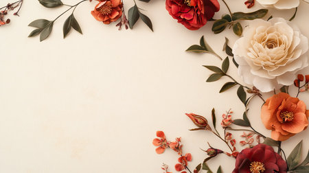 A beautiful floral arrangement featuring various blooms and leaves on a soft cream background, perfect for art projects or decoration purposes.の素材