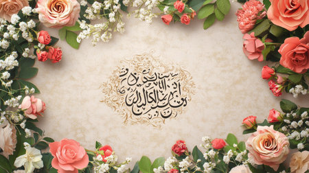 This beautiful image features a delicate floral frame adorned with soft roses and greenery, enclosing elegant Arabic calligraphy that enhances a serene atmosphere.の素材