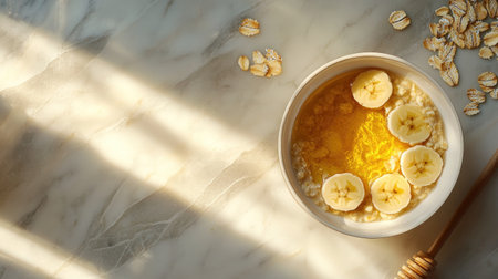 A soothing breakfast bowl featuring creamy oats topped with fresh bananas and honey. This image captures a warm, inviting morning scene.の素材