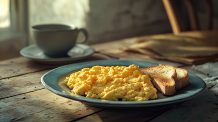 A cozy breakfast scene featuring scrambled eggs, toast, and coffee. This image evokes warmth and comfort, perfect for morning meal ideas or lifestyle themes.の素材
