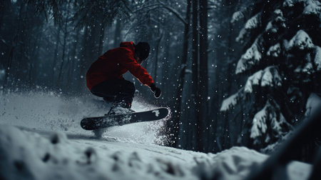 A snowboarder performs an impressive jump in a snowy forest, embodying the thrill and excitement of winter sports amidst a serene, picturesque landscape.の素材