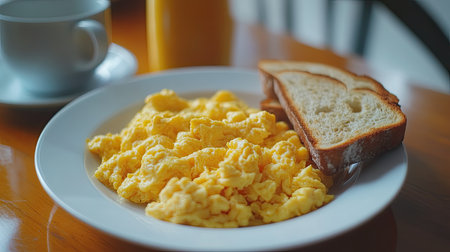 A delightful breakfast featuring creamy scrambled eggs paired with toasted bread, perfect for a morning start or brunch options. Enjoy a healthy and satisfying meal.の素材