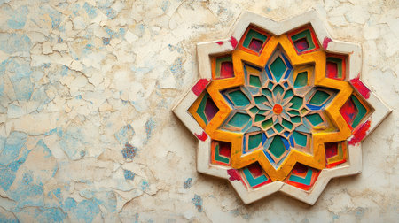 This image showcases a colorful decorative wall art piece featuring an intricate flower design. The vibrant hues and detailed craftsmanship capture a sense of elegance and cultural heritage.の素材