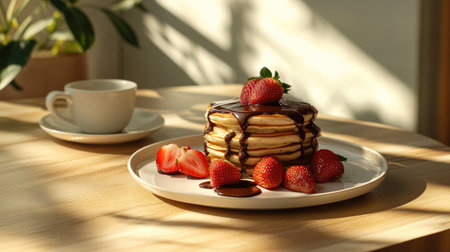 A mouthwatering stack of pancakes drizzled with rich chocolate sauce and topped with fresh strawberries, perfect for breakfast or brunch. Enjoy the delightful presentation!の素材