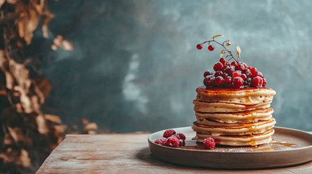 A mouthwatering stack of pancakes topped with fresh berries and syrup, perfect for a delightful breakfast or brunch setting. Ideal for food photography.の素材