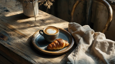 Enjoy a cozy morning scene featuring a cup of coffee and a croissant on a rustic wooden table, perfect for a warm breakfast or brunch setting.の素材