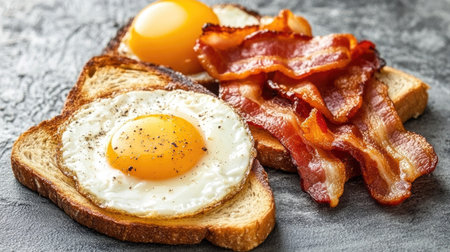 Indulge in a mouthwatering breakfast featuring a fried egg, crispy bacon, and golden toast. Perfect for morning meals or brunch ideas that satisfy.の素材