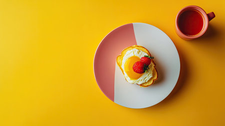 A vibrant breakfast scene featuring a fresh egg and strawberry on a stylish plate, paired with a warm beverage, perfect for a cheerful morning.の素材