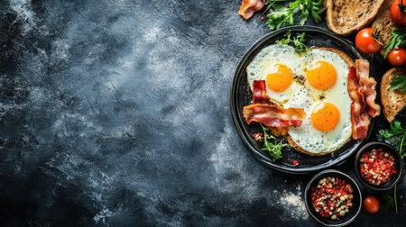 A beautifully styled breakfast plate featuring fried eggs, crispy bacon, fresh tomatoes, greens, and homemade salsa, perfect for a morning treat.の素材