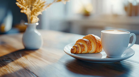 A serene morning scene featuring a warm cup of coffee and a fresh croissant on a wooden table. Perfect for showcasing cozy breakfast moments.の素材