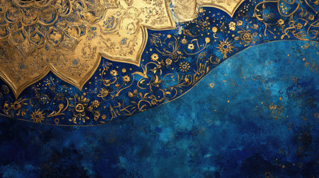 Explore this stunning blue and gold decorative background, featuring intricate patterns and rich textures that evoke luxury and artistic elegance for various uses.の素材