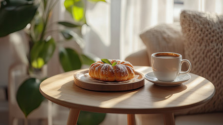 A cozy morning scene featuring a cup of coffee and a croissant on a wooden table, surrounded by natural light and greenery, perfect for relaxation and enjoyment.の素材