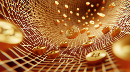 Captivating 3D visualization of bitcoin coins flowing through a digital network, representing the dynamic and innovative nature of cryptocurrency in the modern economy.の素材
