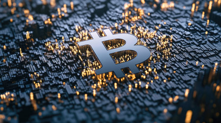 A stunning visual representation of Bitcoin surrounded by a digital landscape, highlighting the intersection of technology and finance in the cryptocurrency market.の素材
