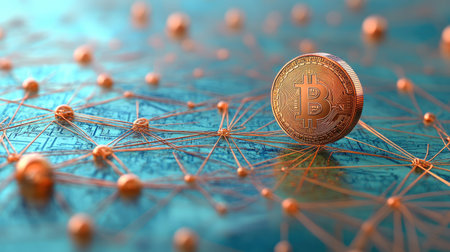 A detailed image of a Bitcoin coin set against a network background, symbolizing the integration of cryptocurrency in modern finance and technology. Ideal for investment themes.の素材